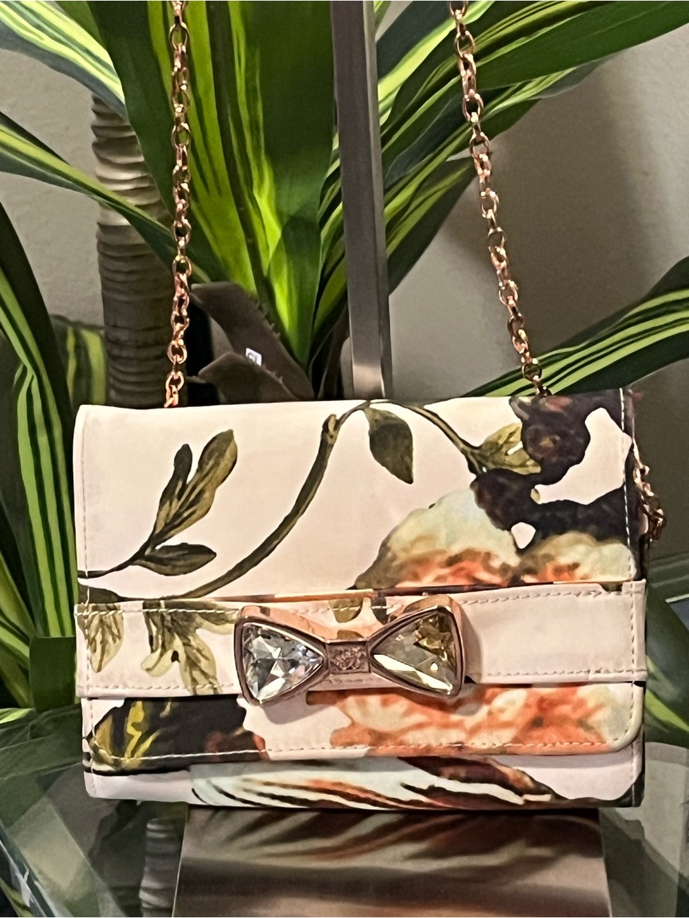 Ted Baker Cream Floral Crossbody with Rose-Gold Plaque